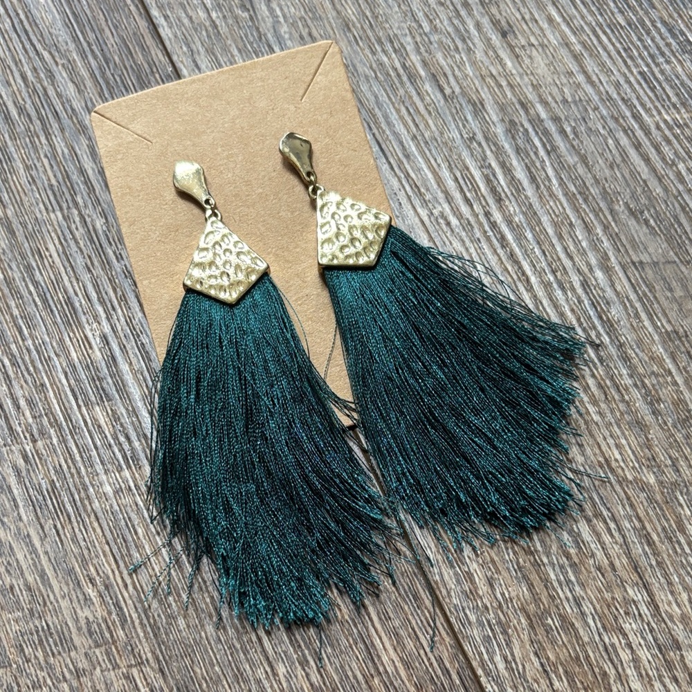 Fun Gold and Teal Green Tassel Earrings